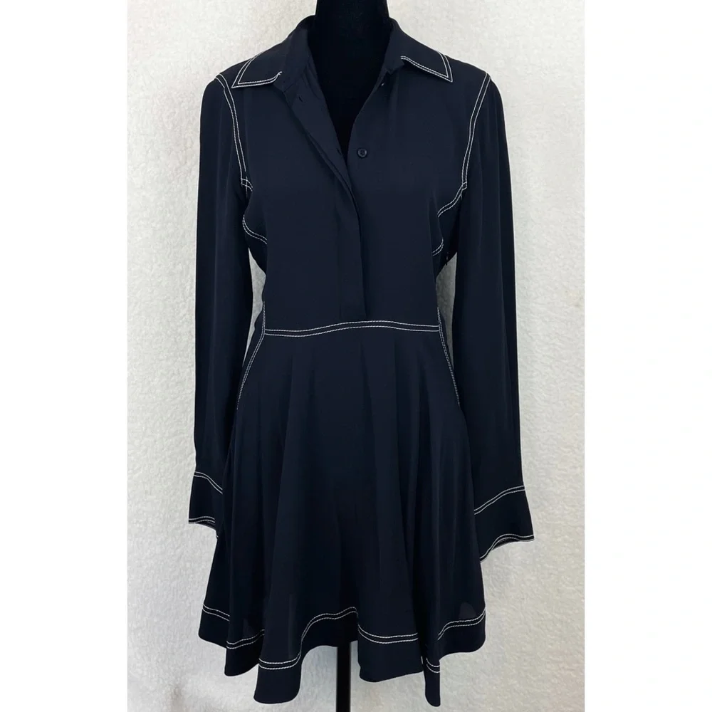 STELLA MCCARTNEY • 100% Silk Navy Contrast-Stitch Collared Mini Dress, S - Picture 14 of 16